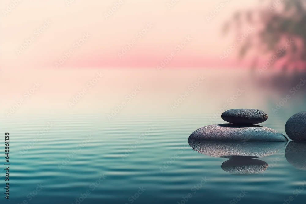 Calm - zen stones reflecting in turquoise water against the pink horizon with a blur, background with copy space - obrazy, fototapety, plakaty 