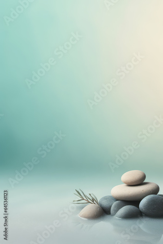 Calm - zen stones in milky water against a blurred turquoise, background with copy space © Schizarty