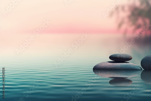 Calm - zen stones reflecting in turquoise water against the pink horizon with a blur  background with copy space