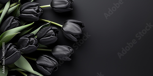 Black tulips on a black background in the style of simple, elegant compositions for mock up, background, backdrop photo