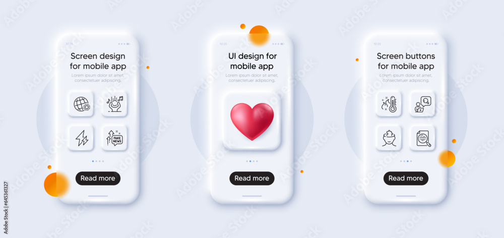 Inspect, Fake news and Mental conundrum line icons pack. 3d phone mockups with heart. Glass smartphone screen. Noise, World weather, High thermometer web icon. Vector Inspect, Fake news and Mental conundrum line icons pack. 3d phone mockups with heart. Glass smartphone screen. Noise, World weather, High thermometer web icon. Vector