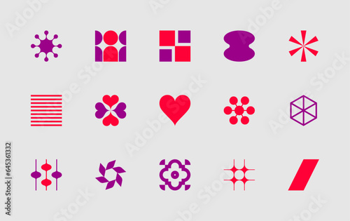 Set of vector, modern, abstract and geometric shapes and logos, influenced by brutalism.
