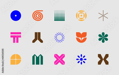 Set of vector, modern, abstract and geometric shapes and logos, influenced by brutalism.