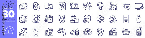 Bribe, Warning and Grilled sausage line icons pack. Augmented reality, Swipe up, Monitor settings web icon. Creative idea, Diet menu, Call center pictogram. Paper plane, Arena stadium. Vector