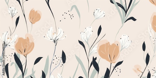 Modern hand drawn minimalist flower pattern. Light beautiful botanical print. Fashionable template for design, Generative AI