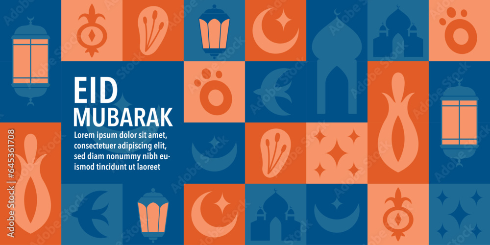 Eid al-Fitr. Eid Mubarak. Islamic greeting card template with ramadan for wallpaper design. Poster, media banner. A set of vector modern abstract illustrations with mosque, moon. Ramadan Kareem. 