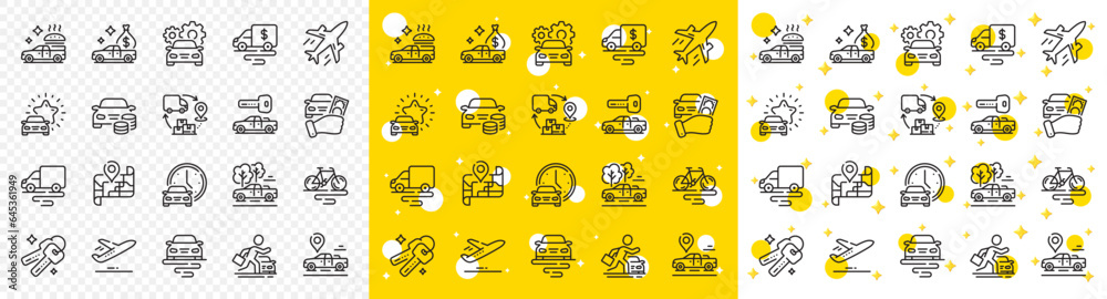 Car vehicle, Flight plane and Mountain bike set. Transport line icons. Supply chain, Car key and Travel map icons. Food delivery, pickup transport and rent a car. Vehicle road trip. Vector - obrazy, fototapety, plakaty 