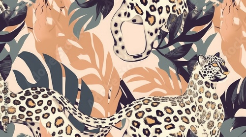Modern exotic jungle illustration pattern with leopards. Creative collage contemporary floral seamless pattern. Fashionable template for design, Generative AI