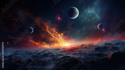 3d space background with fictional planet. Generative Ai © hassanmim2021