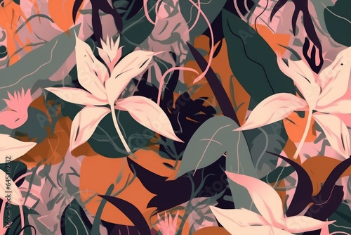 Abstract jungle plants illustration pattern. Creative collage contemporary floral seamless pattern. Fashionable template for design, Generative AI © Ananya