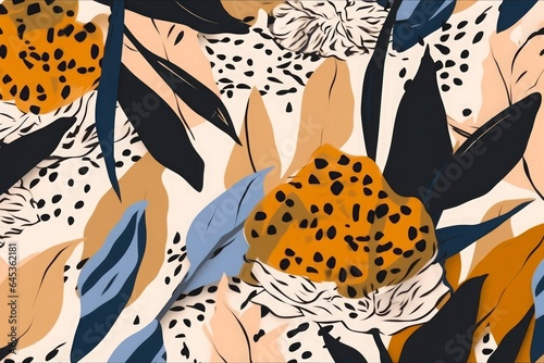 Hand drawn floral trendy abstract pattern with leopard skin. Fashionable template for design. Modern cartoon style, Generative AI © Ananya