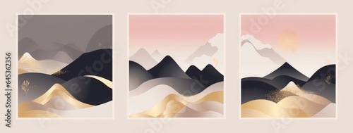 Asian minimalist abstract landscape illustrations. Set of hand drawn contemporary artistic templates, Generative AI