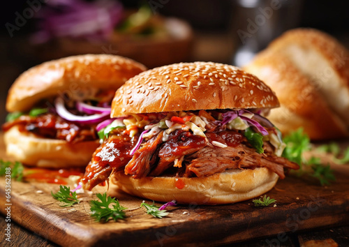 Pulled beef pork burgers with salad and barbeque sauce on table.Macro.AI Agenerative photo