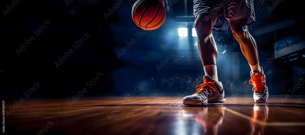 Closeup of legs of a professional basketball player in a sport hall with dramatic light. Copy space - obrazy, fototapety, plakaty 