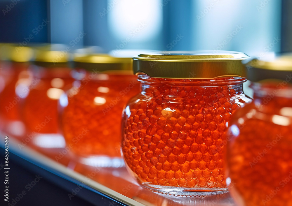 Glass jar with red salmon trout caviar in fridge.Macro.Ai Generative Glass jar with red salmon trout caviar in fridge.Macro.Ai Generative