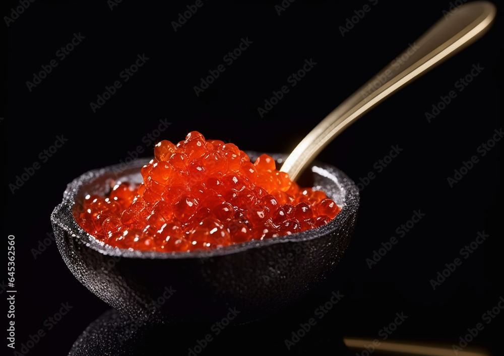 Spoon with cold red caviar in glass bowl on black background.Macro.Ai Generative Spoon with cold red caviar in glass bowl on black background.Macro.Ai Generative