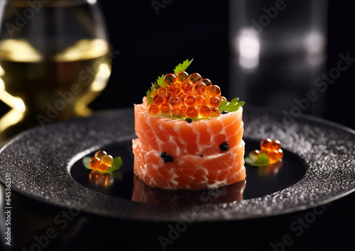 Salmon tartar with premium red caviar on black plate in fine dining restaurant.Macro.Ai Generative