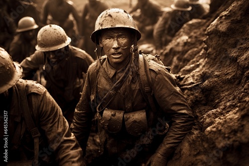 Canvas Print young soldier in the trenches during the war on vietnam