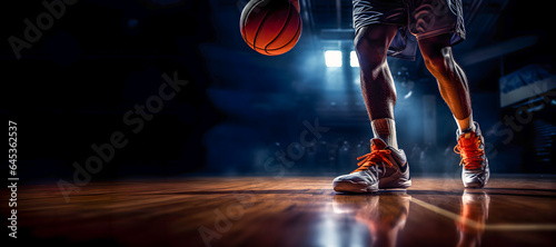 Closeup of legs of a professional basketball player in a sport hall with dramatic light. Copy space © eshana_blue