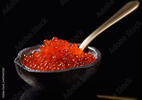 Spoon with cold red caviar in glass bowl on black background.Macro.Ai Generative