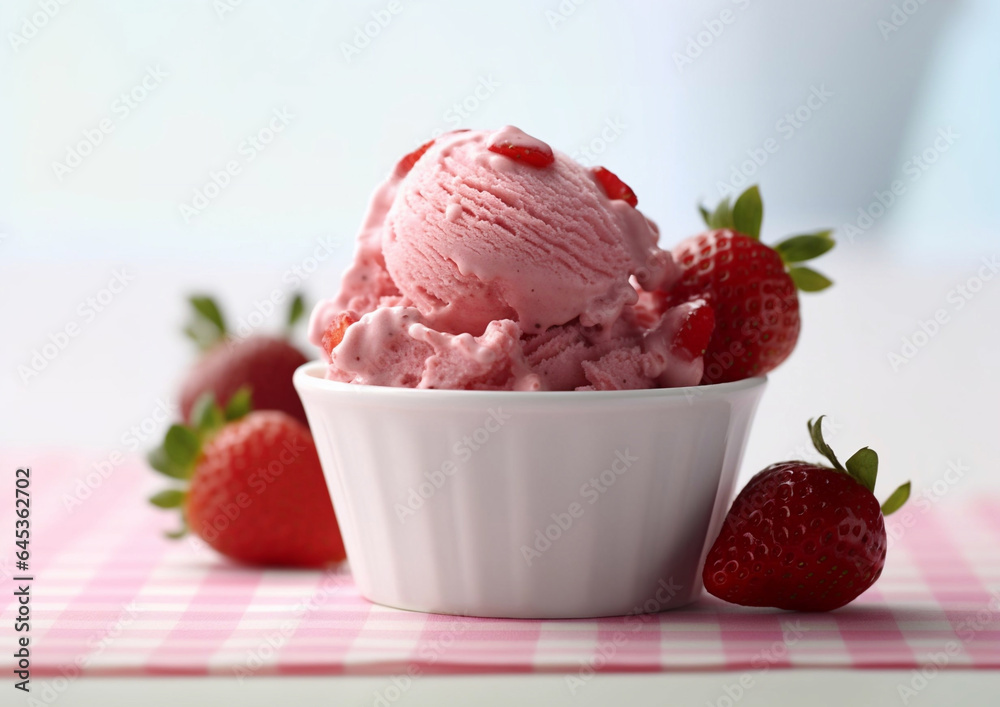 Ice cream with fresh strawberries on cafe table.Macro.Ai Generative Ice cream with fresh strawberries on cafe table.Macro.Ai Generative