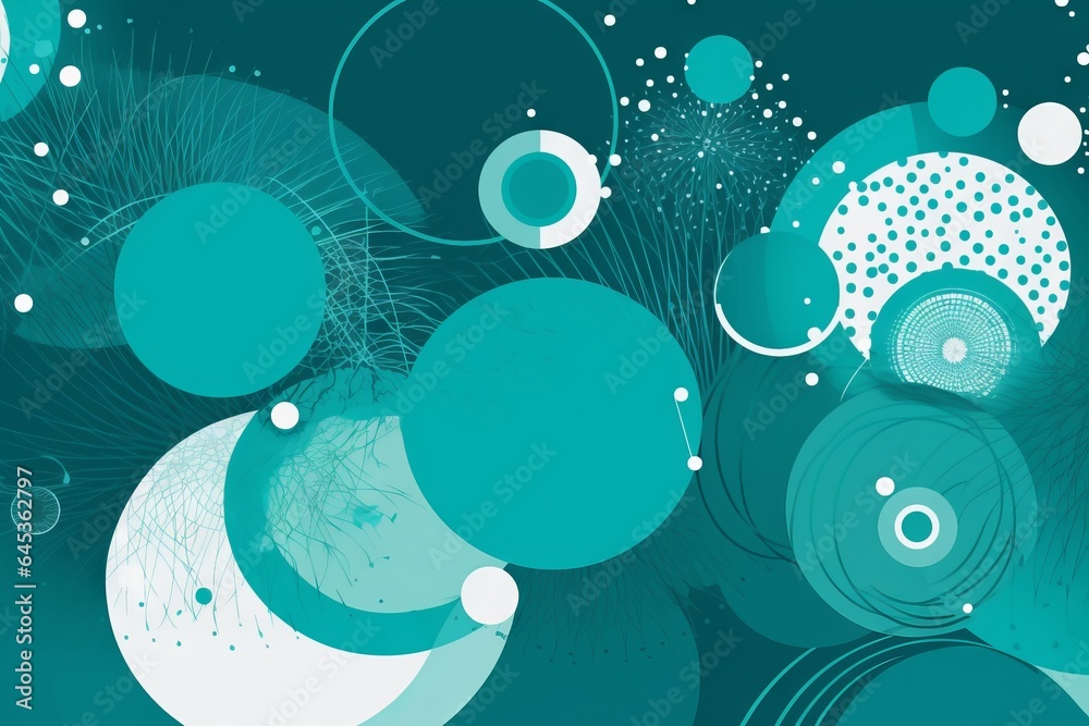 A vibrant abstract painting with blue and white circles and bubbles