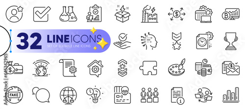 Outline set of Checkbox, Magistrates court and Inspect line icons for web with Puzzle, Software, Electricity factory thin icon. Technical documentation, Palette, Bitcoin chart pictogram icon. Vector