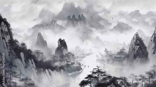 landscape with fog, Ink landscape painting in Chinese style and watercolor landscape painting of gentle mountains and river, fog