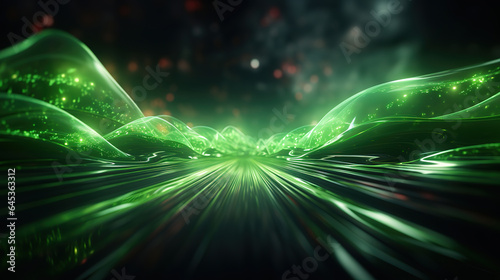 Abstract futuristic background with green glowing neon moving high speed wave lines. Generative Ai