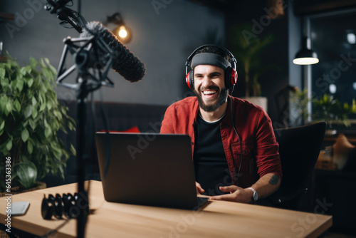  Young man host in headphones enjoying podcasting in his home studio. Handsome podcaster laughing while streaming live audio podcast