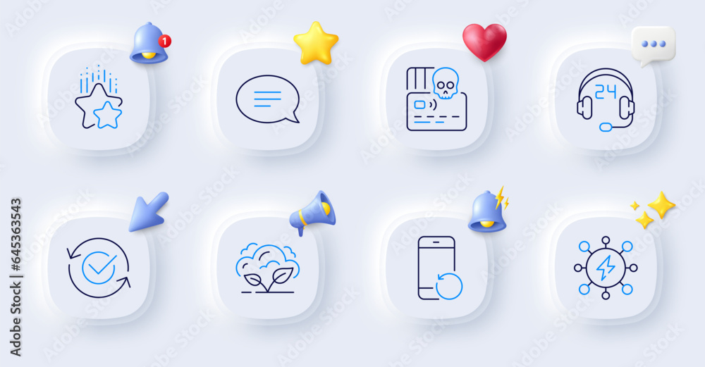 Consulting, Cyber attack and Power line icons. Buttons with 3d bell, chat speech, cursor. Pack of Chat, Approved, Ranking stars icon. Co2 gas, Recovery phone pictogram. For web app, printing. Vector Consulting, Cyber attack and Power line icons. Buttons with 3d bell, chat speech, cursor. Pack of Chat, Approved, Ranking stars icon. Co2 gas, Recovery phone pictogram. For web app, printing. Vector