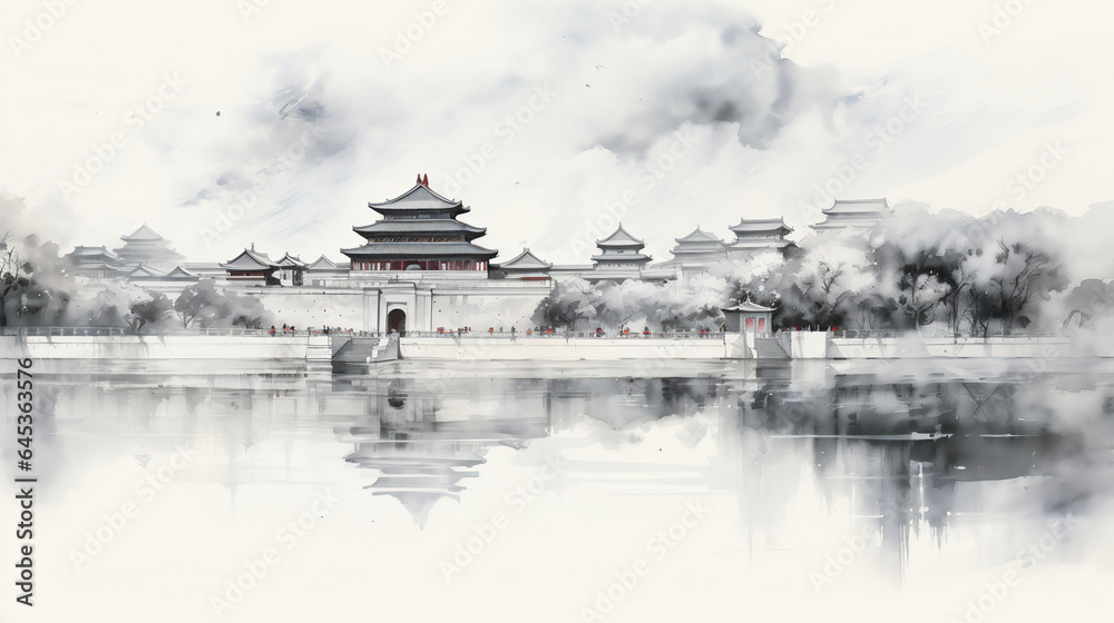 landscape with china old city and river, Ink landscape painting in Chinese style and watercolor landscape painting of gentle mountains, china town - obrazy, fototapety, plakaty 