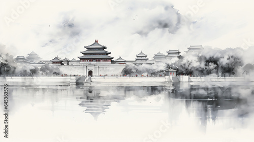landscape with china old city and river, Ink landscape painting in Chinese style and watercolor landscape painting of gentle mountains, china town