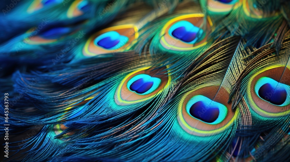 Obraz premium Colorful exotic background of bright purple and blue peacock feathers