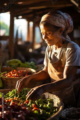portrait of one beautiful woman at the market shopping sell vegetable