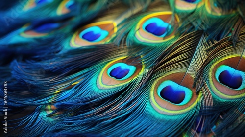 Colorful exotic background of bright purple and blue peacock feathers