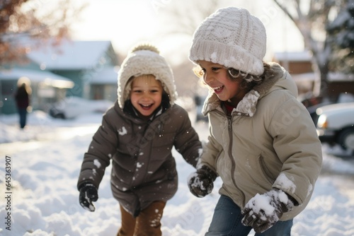 Frosty Fun, Kids, Snowball Duel, Dynamic Angle, Childlike Joy Style, Falling Snow