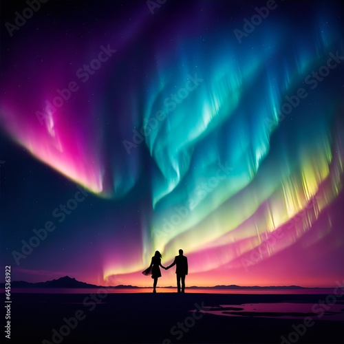 Silhouette of a couple walking hand in hand under a sky full of aurora borealis