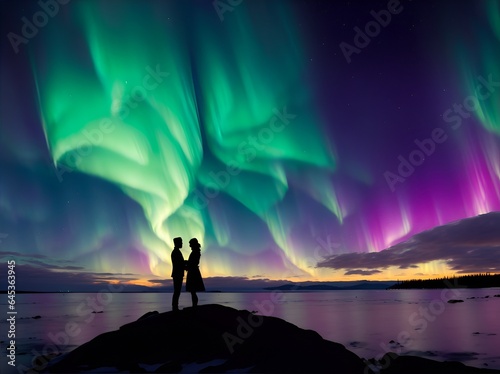 Silhouettes of a couple gazing at each other under the aurora borealis sky