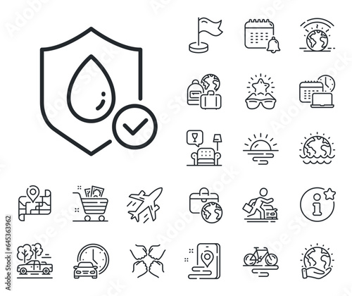 Water resistant sign. Plane jet, travel map and baggage claim outline icons. Waterproof line icon. Liquid drop protection symbol. Waterproof line sign. Car rental, taxi transport icon. Vector