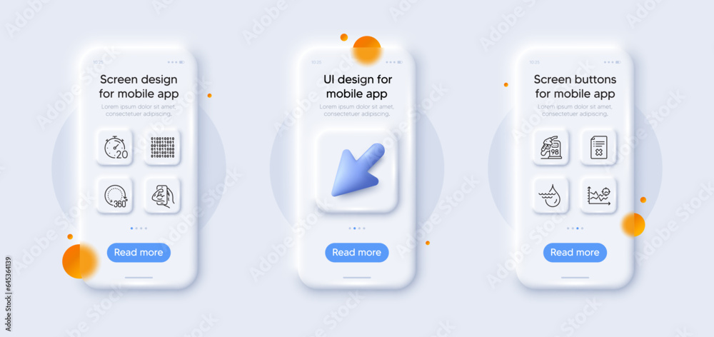 Hydroelectricity, Binary code and 360 degrees line icons pack. 3d phone mockups with cursor. Glass smartphone screen. Fitness, Reject file, Petrol station web icon. Vector Hydroelectricity, Binary code and 360 degrees line icons pack. 3d phone mockups with cursor. Glass smartphone screen. Fitness, Reject file, Petrol station web icon. Vector