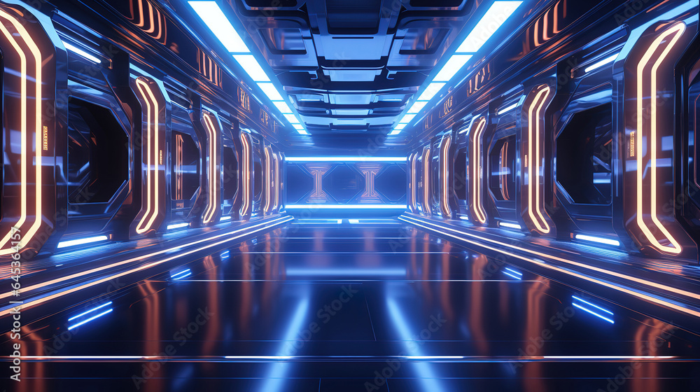Sci-fi spaceship corridor, Futuristic technology abstracts seamlessly for tech titles. Generative Ai