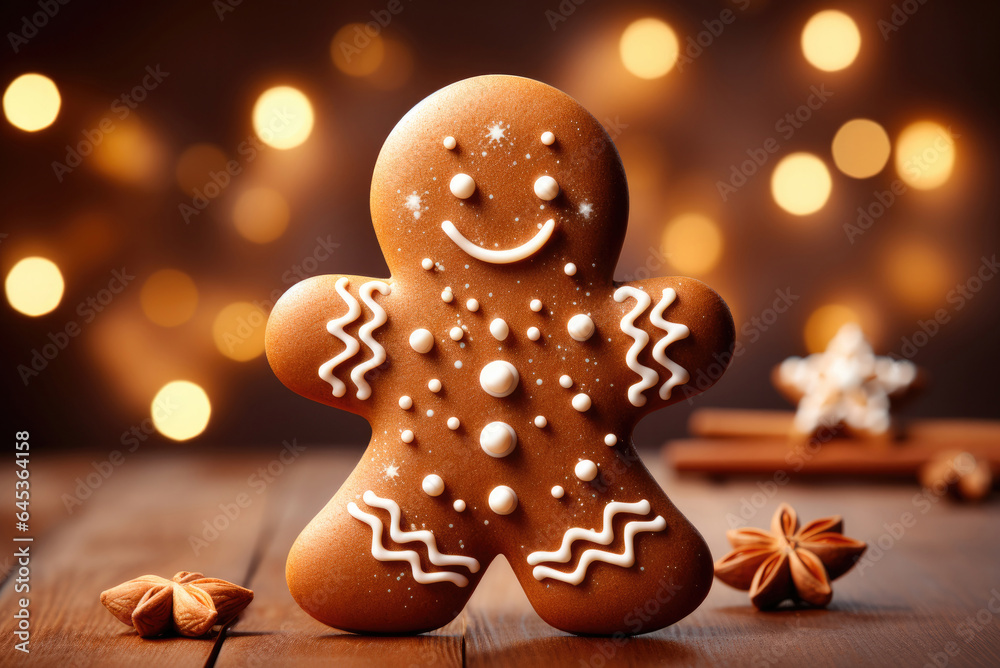 Gingerbread man cookie with christmas lights bokeh background