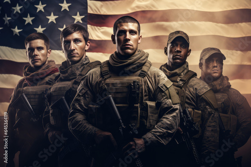 the us army soldiers stand with an American flag behind them, war scenes