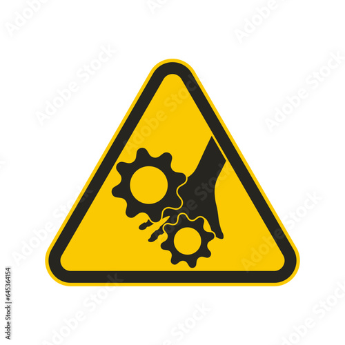 Isolated triangle warning label of black pictogram injury risk finger finger crush  moving part with picture of hand, gear for safety sign, warning danger information label