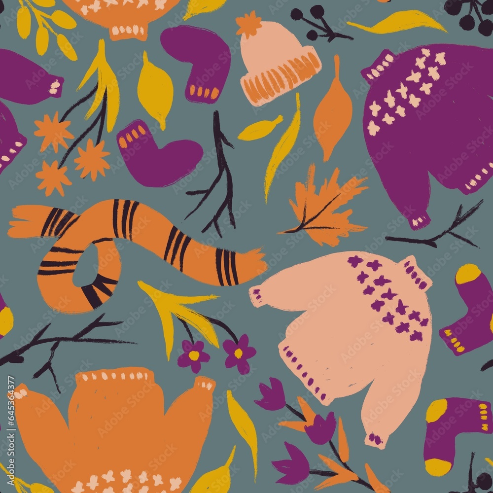 Hand drawn seamless pattern with sweater weather nature leaves fall autumn leaf berries branches. Scarf knitted clothes cold season knitting knitwear, orange grey purple october november.
