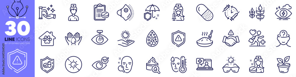 Fever, Face search and Shield line icons pack. Eye laser, Porridge, Nurse web icon. Washing hands, Sunglasses, Psychology pictogram. Umbrella, Doctor, Patient. Gluten free. Vector