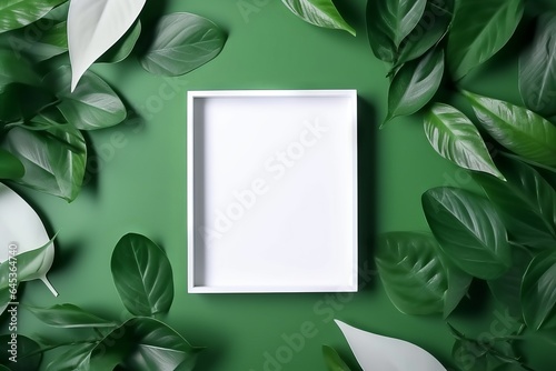 A white frame surrounded by green leaves