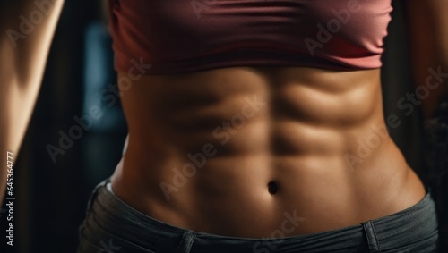 Close-Up of a Woman s Well-Defined Abdominal Muscles. Achieving Fitness and Strength. Ai generated.