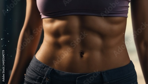 Close-Up of a Woman's Well-Defined Abdominal Muscles. Achieving Fitness and Strength. Ai generated.